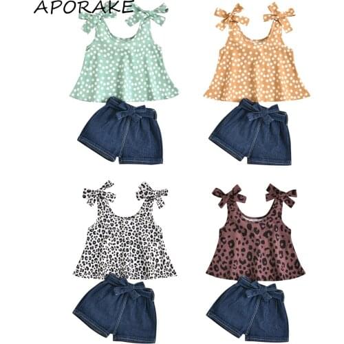 2021 1-5Y Fashion Kids Baby Girl Clothes Set Dot/Leopard Print Sleeveless Top Vest+Bow Denim Shorts Summer 2pcs Outfits