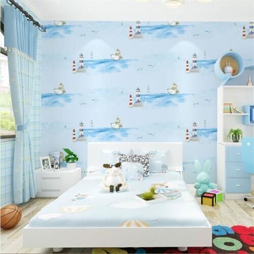 Beibehang Male Girl Cartoon Bedroom 3d Wallpaper Mediterranean Lighthouse Sailboat Blue Ocean Stripe Children Room 3d Wallpaper