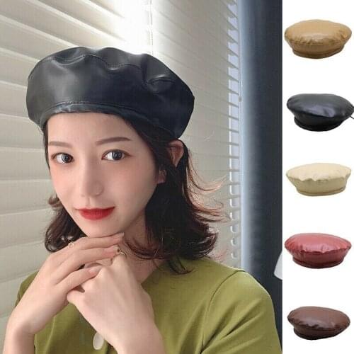 2021 New Fashion Women Berets Hats Vintage PU Leather Beret Artist Warm Beanies Winter Autumn Female Outdoors Solid Color Caps