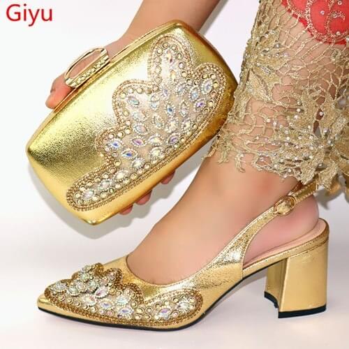 Doershow Fashion style gold Shoes And Bag Set To Match High Quality Italian Shoes With Matching Bags For Party!SLO1-20