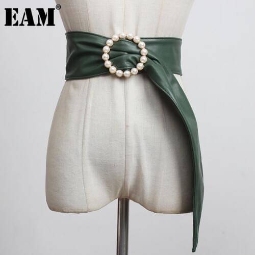 [EAM] Round Buckle Green Pu Leather Long Wide Belt Personality Women New Fashion Tide All-match Spring Autumn 2021 1DD1741