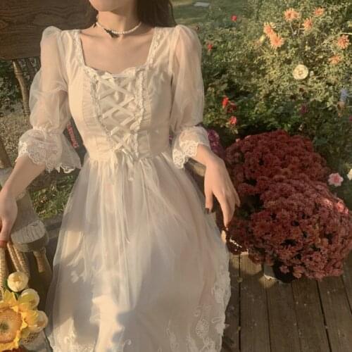 Elegant Mesh Women Dress Summer Lace Sweet Evening Party One Piece Dresses Square Collar Short Sleeve Casual Women Long Dress