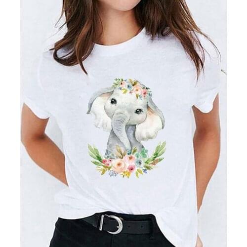 Graphic T-shirts for Women Cartoon Elephant Flower Fashion Animal Clothing Fashion Ladies Print Lady Womens Female Tee T T-Shirt