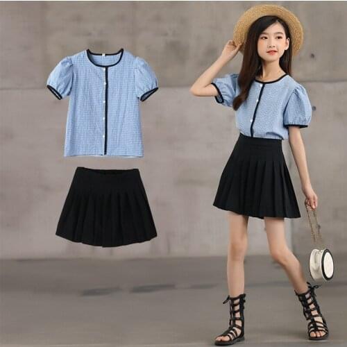 2021 Summer Girls Set Children Clothes Plaid Tops Shirts and Pleated Skirts 2 Pcs Suit 4-14Y Boutique Kids Clothing Sets