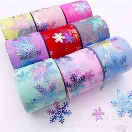 25 yards/roll Colorful Snowflake Printed Organza Ribbons DIY Apparel Sewing Fabric Wedding Party Decoration Hair Bow Accessories