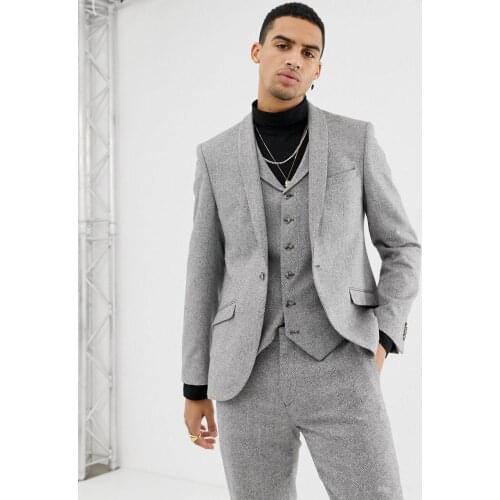 Mens Light Gray Wedding Tuxedos Herringbone 3 Piece Suits Wool Vintage Formal Tailored Fit Boys Suit (Jacket + Vest+ Pants)