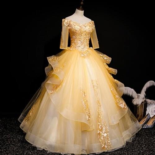 Luxury golden beading embroidery ball gown long vintage medieval Renaissance princess Victoria dress