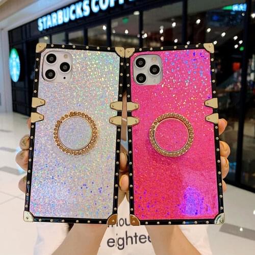Luxury Square Glitter Shining Phone Case For iPhone 12Pro MAX 11 XS Max XR 7 8 Plus Sequins Bling Ring Bracket Holder Soft Cover