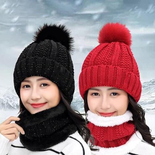 50% Hot Sales Women Autumn Winter Warm Cold-proof Outdoor Scarf Shawl Knitted Hat Beanie Set