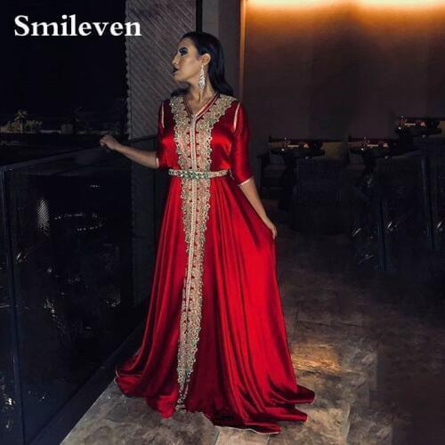 Smileven Red Moroccan Kaftan Dubai Evening Dresses Silk Satin Applique Velour Saudi Arabic Muslim Party Gowns Custom Made