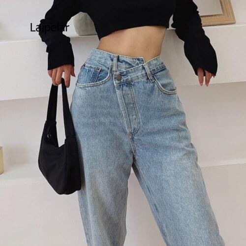 Vintage 90s Women Straight Leg Jeans Asymmetric Waist Loose High Waist Jeans Fashion Casual Women Summer Denim Pants