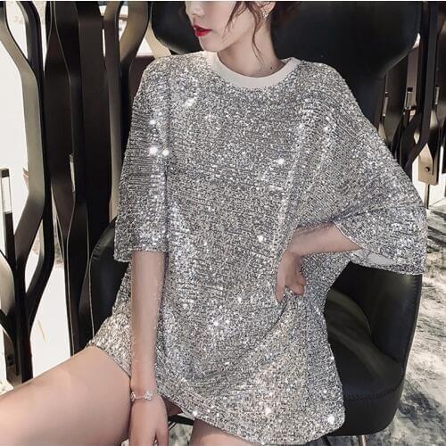 Fashion Women Plus size Spring New mid-length sequined apricot black short sleeve long T-shirt skirt Casual sexy t-shirt 757C3