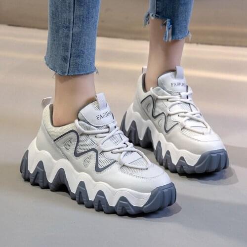2021 New Mixed Colors Mesh Genuine Leather Women Sneakers Cross Tied High Heels Women Shoes Lace Up Casual Sneakers Thick Soled