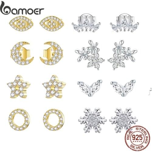 Bamoer Zircon Gold Stud Earrings Demon Eye Crystal Shining Moon Crown 925 Sterling Silver Earrings for Women Engagement Jewelry