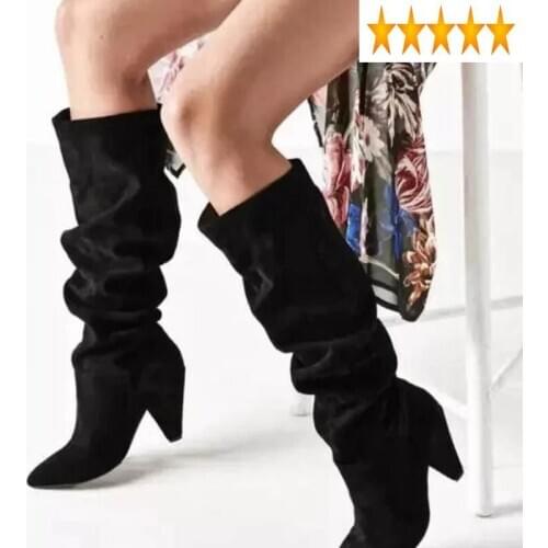 Mid Suede Leather Winter Women Calf Boots Pointed Toe Spike High Heels Runway Shoes Brand Fashion Slip On Botas Mujer Plus Size