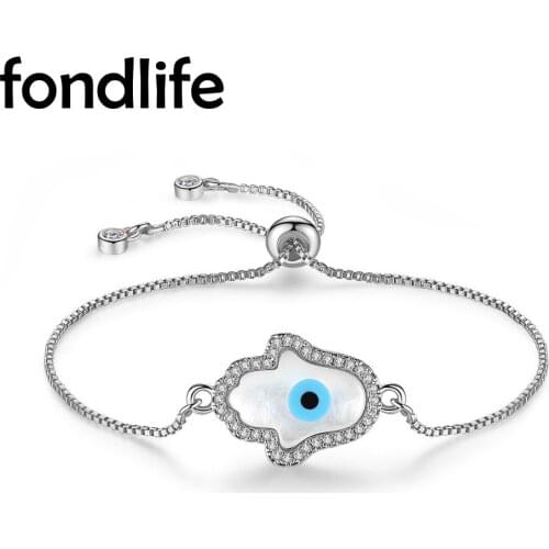 AAA Cubic Zirconia White Shells Hamsa Hand Blue Evil Eye Chain Bracelet Women Lady Fashion Slide Adjustable Luxury Jewelry Gift