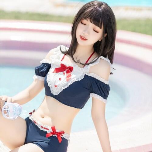 STOCK Amine Womens Swimsuit Love Wrapped Chest Ribbon Suspender Swimsuit Split Cute Little Chest Lady Swimsuit 2021 NEW