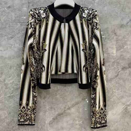 Court Style Women European Cardigan Long Sleeve Stripe Shoulder Pad Knitted Coat Golden Button Print Sexy Sweater New