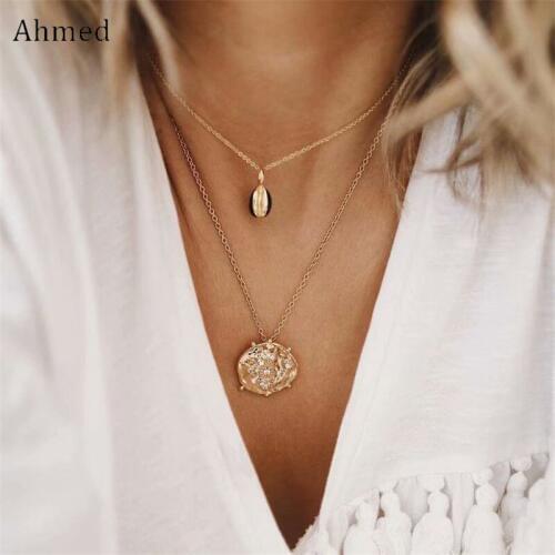 Ahmed Bohemian Fashion Trendy Gold Rhinestone Round Shell Pendant Necklace for Women New Charm Double-layer Chain Necklaces