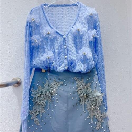 2021 Women Autumn Fashion Runway Cardigan Sweaters Long Sleeve 3D Flowers Solid Ladies Knitting Tops