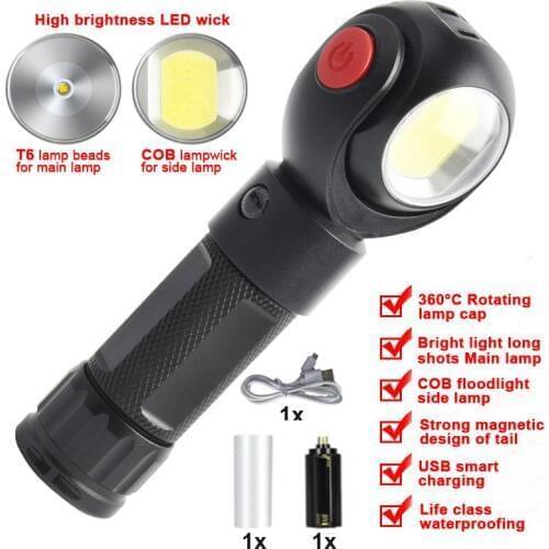 50pcs USB LED XML T6 and COB Magnetic flashlight 360° torch Flash light Lamp for built-in 26650 18650 battery Outdoor Sports