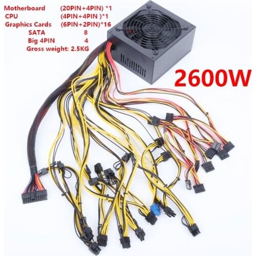 2600W PC Power Supply for Crypto-mining and Rendering Equipment (6PIN+2PIN) Graphics interface*16