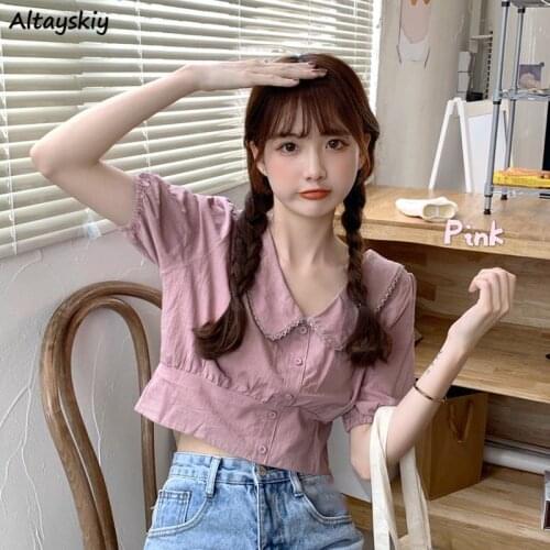 Blouse Women Basic Simple Peter Pan Collar Crop Button Kawaii Casual Streetwear Fashion Female Comfortable Breathable ThinTeen