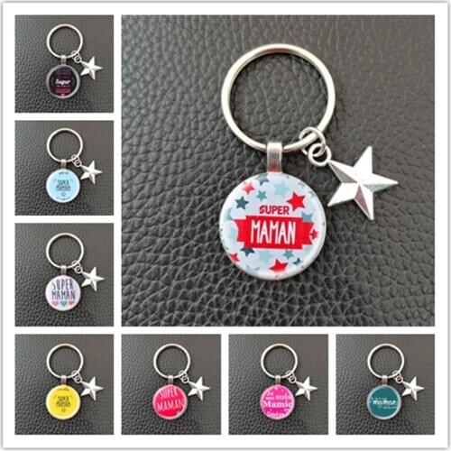 2020 French Je Suis Une Super Maman Keychain Silver Color Glass Gems Metal Super Mom Key Ring Holder Mothers Gift