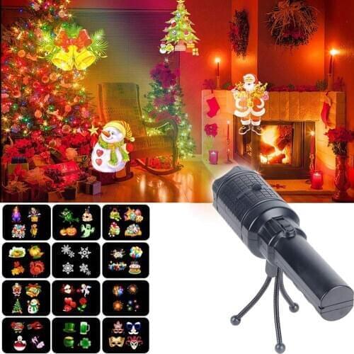Indoor Outdoor Rechargeable LED ​Christmas Lights Projector 12 Pattern Flashlight Projection Lamp Halloween Party Gift for Kids