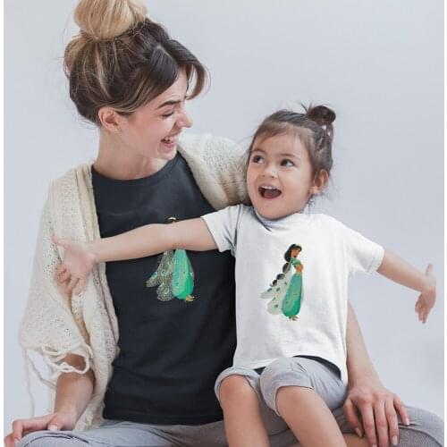 Disney Tshirt Family Clothes Black White Baby Girl Boy Casual Kawaii Printing Princess Jasmine Sweet Style Loose And Comfortable