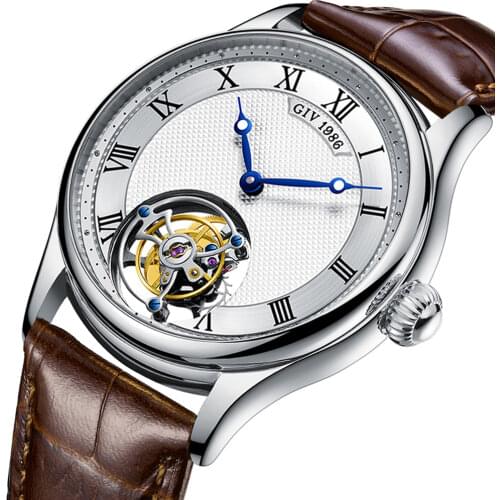 Tourbillon Watch GIV Mechanical Movement Sapphire Waterproof Silver Case Long Energy Storage Classic Roman Scale montre homme