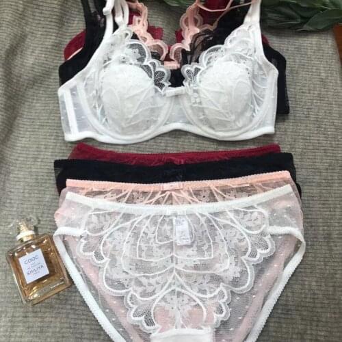 Wriufred Womens sexy lace crystal cup bra briefs suit thin cotton no bumps big breasts plus size lingerie panty set