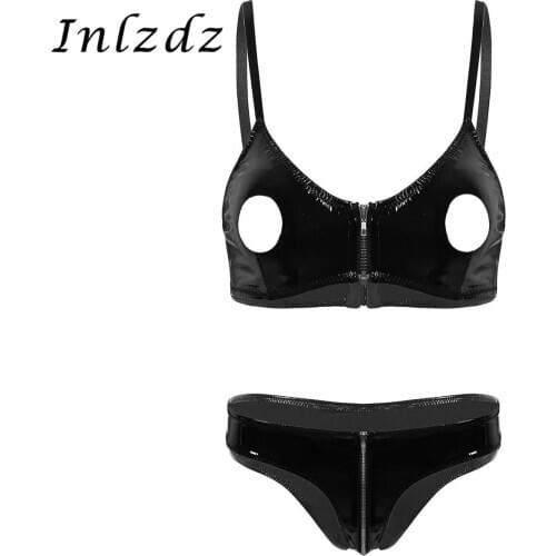 Womens Sex Lingerie Set Wet Look Patent Leather Hollow out Nipple Holes Bra Top with Low Rise Zippered Crotch Underwear Panties