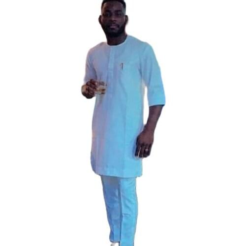 Solid White Mens Costume Cotton Tops+Pants Tailor Made Male Half Sleeve Shirt Sets African Wedding Suits Male Occasion Outfits