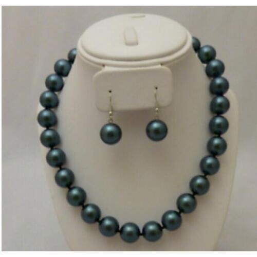 Beautiful 12MM Black South Sea shell pearl necklace earrings 18" 36"