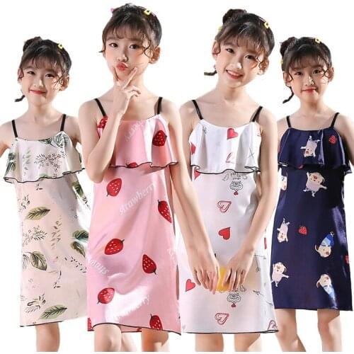 Girl Summer Sling Homewear 3 To 10 Years Child Ruffle Silk Sleepwear Dress Kids Fashion Floral Skin- Friendly Cool Pajamas 2021
