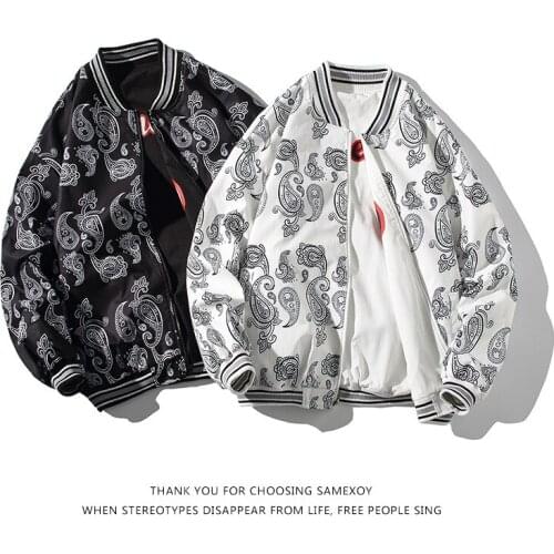 LUCLESAM 2021 Men Reversible Fashion Paisley Print Baseball Jacket Hiphop Korean Style Bomber Jacket jaqueta masculina