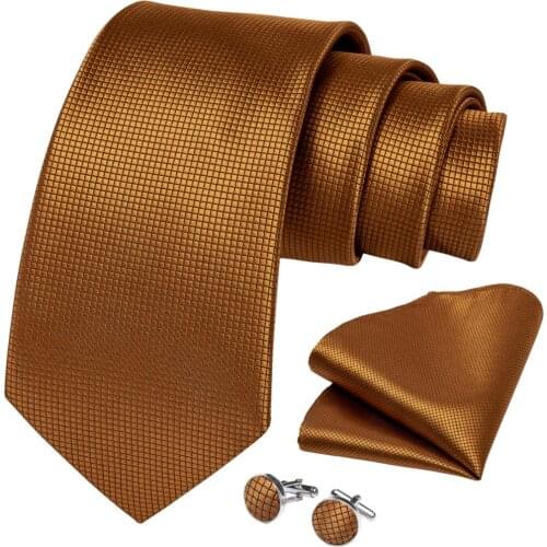 Mens Tie Gold Solid Silk Wedding Tie For Men Party Business Fashion Necktie Hanky Gravata Set DiBanGu New Design SJT-7306