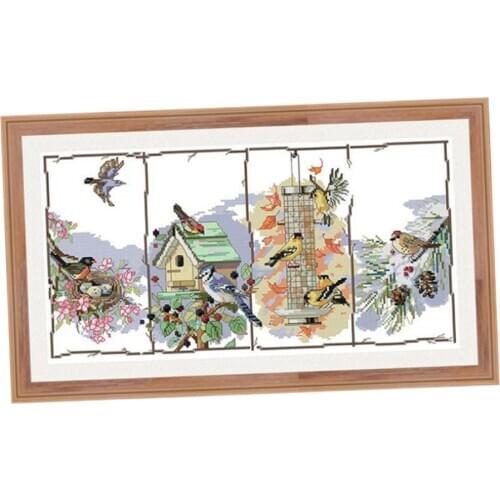 DIY Stamped Cross Stitch Starter Kits Beginners Cross-Stitching Pre-Printed Pattern - Four Season Birds - No Frame