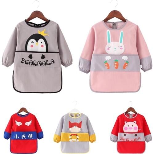 Cute Baby Boys Girls Long Sleeve Waterproof Feeding Art Apron Bib Smock Cute Animal Bibs Cloths Toddler Kids Accessories