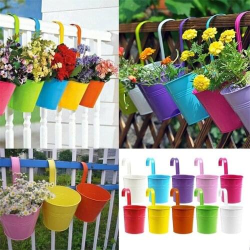 Wholesale 1Pcs Unique Design Iron Hanging Flower Pots Garden Plant Hanging Barrels Pastoral Balcony Decor Multicolors Choose