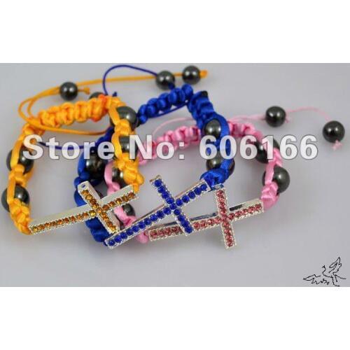 Wholesale 24pc/lot MIX COLOR Crystal Rhinestone Sideways Cross Bracelet Handmade Cord Bracelets Hematite Beads