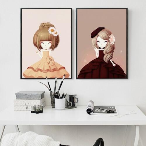 Princess Girl Dress Nordic Poster Wall Art Print Canvas Painting Cartoon Posters And Prints Nordic Style Kids Room Decoration