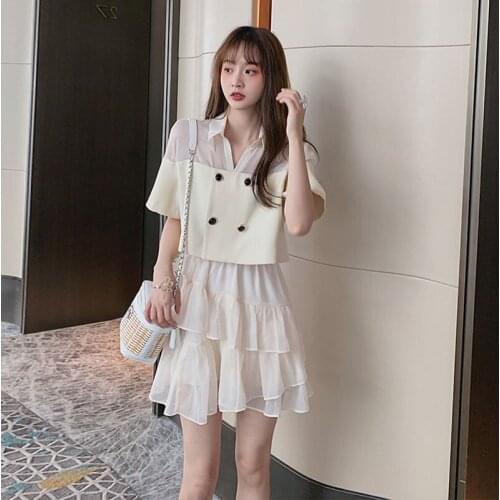 Profession Chic Cake Skirt Suit Chiffon Mini Saias Two Piece Women Korean Summer Short Sleeve Shirt Blazer Skirt Set 2021 zh858