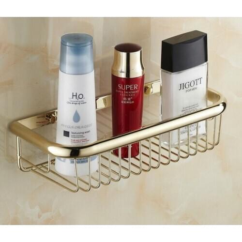 Luxury Gold Color Brass Wall Mounted Bathroom Soap / Sponge Shower Storage Basket Cba095