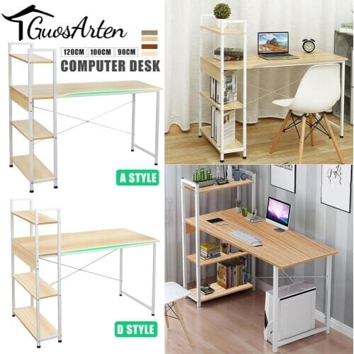 90/100/120cm Computer Laptop Desk Modern Style Computer Desk with 4 Tiers Bookshelf for Home Office Studying Living Room