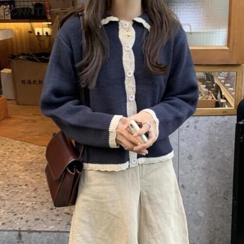 Sweaters Women Female Clothing Long Sleeve Knitting All-match Daily Casual Single Breasted Patchwork Mujer Kawaii Stylish Preppy