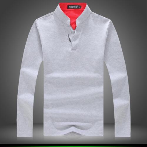 2019 Spring and Autumn Mens Fashion Boutique Cotton Slim Casual Standing Collar Long-sleeved T-shirts Mens Solid Color T-Shirt