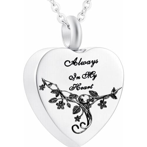 Always in My Heart Cremation Urn Necklace for Ash Stainless Steel Funeral Keepsake Women Pendant Pet Memorial Jewelry Mementos