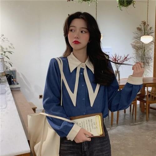 Long Sleeve Elegant Shirt Retro Preppy Button Vintage Blouse Turn Down Collar Office Ladies Shirt Female Patchwork Casual Tops